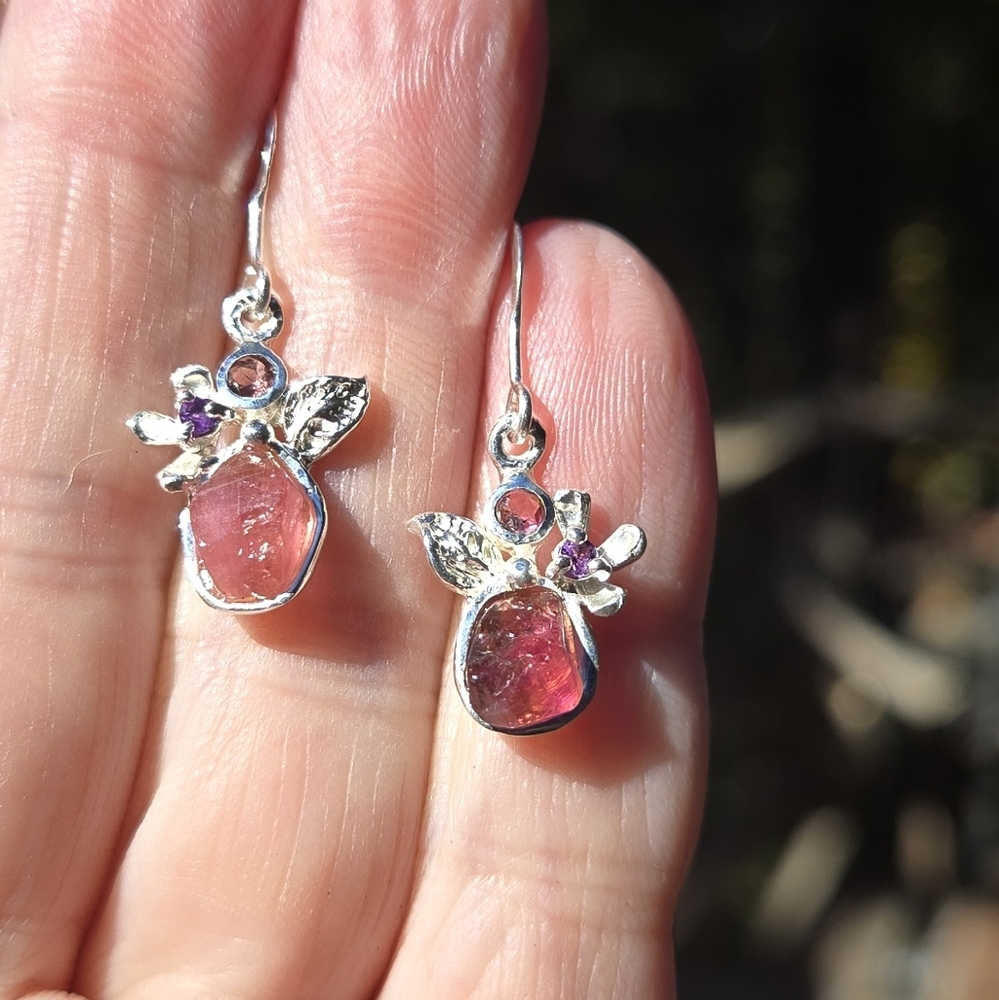 HOST PICK🎉🎊Pink Tourmaline Rhodalite & Amethyst Sterling & White Gold Earrings - Picture 4 of 11